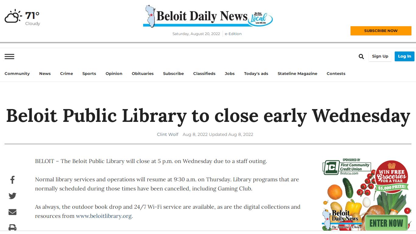 Beloit Public Library to close early Wednesday | Local News ...